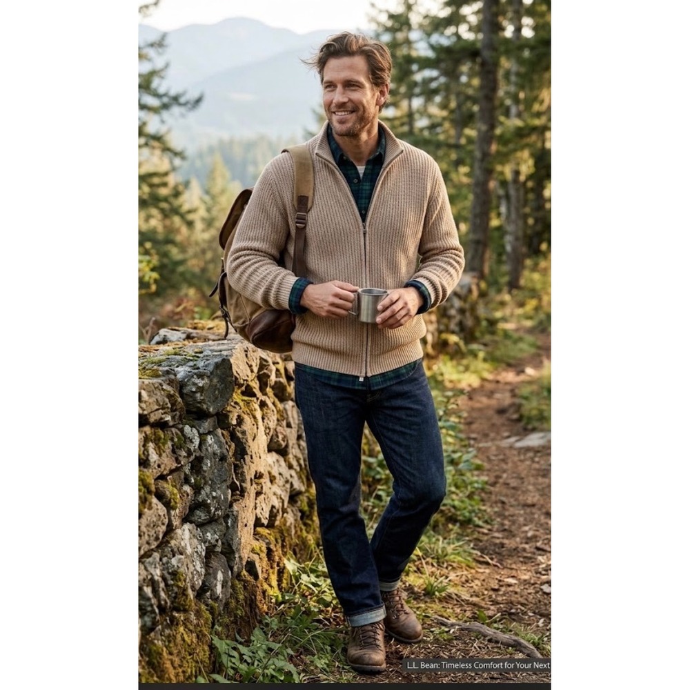 LL Bean Mens Large Tan Ribbed Full Zip Cotton Cardigan Sweater Mock Neck 0YR26